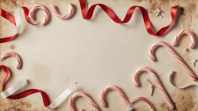 A festive arrangement of candy canes and ribbon arranged on aged paper