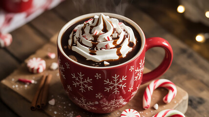 Steaming hot chocolate topped with whipped cream and chocolate drizzle in a festive red mug with snowflakes, surrounded by candy canes and cinnamon sticks