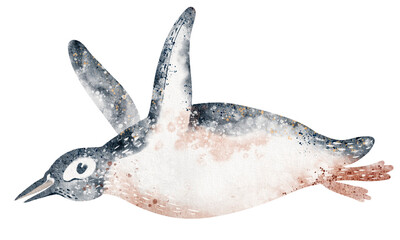 Watercolor penguin in floating pose. Illustration isolated figure for card or poster. Educational drawing for kids learning and aquatic wildlife themes.