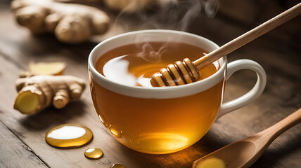 Steaming hot cup of ginger and honey tea with a honey dipper resting inside, set on a rustic wooden table with fresh ginger root nearby