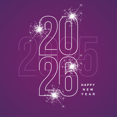 Happy New Year 2026 line light purple and white shining typography crossover transitions 2025 to 2026 year with sparkle firework on purple isolated background icon logo © simbos