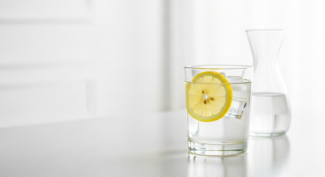 Fresh lemon water in glass and pitcher on minimalist table