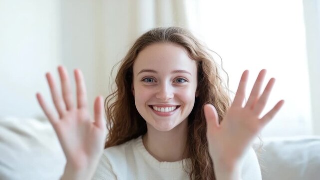 A young woman with a big smile on her face, waving her hands in excitement - Powered by Adobe