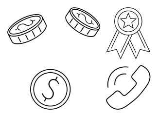 Coins with dollar signs, award ribbon with a star, and phone illustration. Ideal for finance, achievement, communication, customer service, business success and leadership. Simple flat metaphor