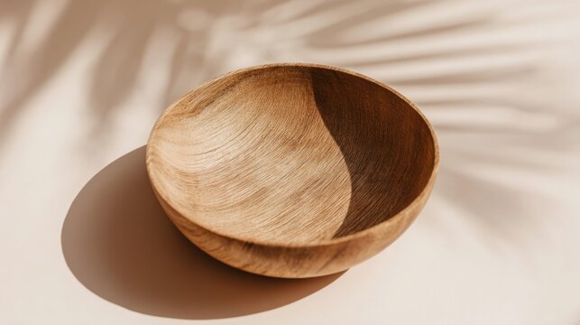 A beautifully crafted wooden bowl sits on a light surface, illuminated by soft sunlight. Shadows from nearby objects create delicate patterns around the bowl.