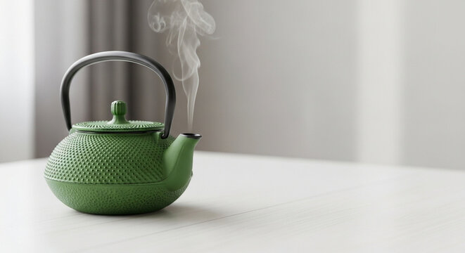 Green teapot with steam on white table in modern kitchen