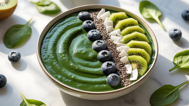 Vibrant green smoothie bowl topped with fresh blueberry, sliced kiwi, chia seed, and coconut flake on a bright marble surface