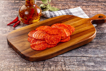 Spicy hot pepperoni sausages slices