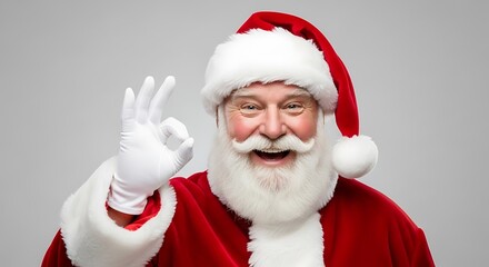 Happy Santa Claus in a red suit and hat smiling and showing the OK sign gesture against a gray background.