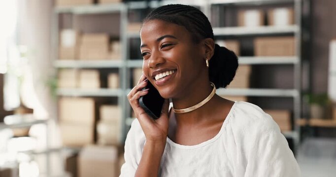 Happy, black woman or logistics with phone call for small business startup or customer service. Female person, entrepreneur or distributor talking with mobile smartphone for schedule delivery in shop