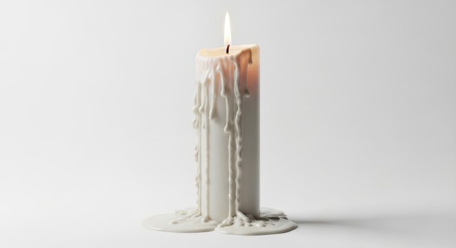 White pillar candle burning, dripping wax, soft flame - Powered by Adobe