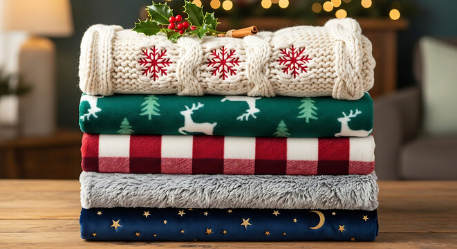 Stack of christmas themed blankets with snowflake knitted cover and holly berry decoration on top