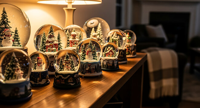 Collection of snow globes with christmas themes displayed on a wooden table under a lamp light