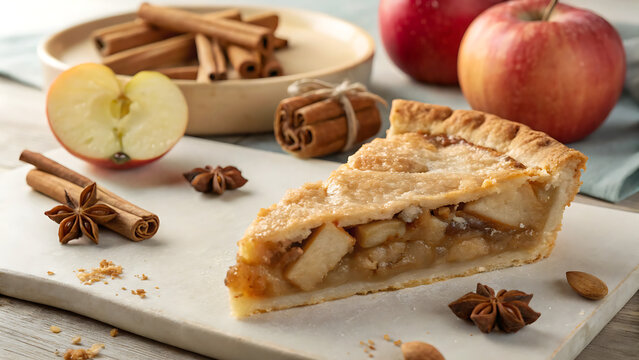 A delicious slice of homemade apple pie with visible filling, garnished with cinnamon sticks and star anise on a white board, with whole apples nearby