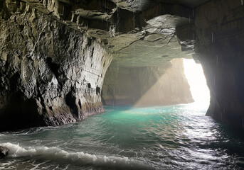 Naklejka premium Mystical Sea Cave with Light Streaming Through A Natural Wonder of Cliffs and Azure Waters