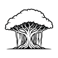 Stylized banyan tree with aerial roots illustration black and white