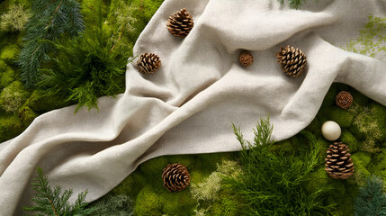 Winter Forest Flatlay with Linen Fabric and Pinecones
