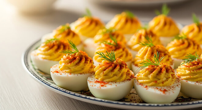 Close up of deviled eggs on a decorative plate garnished with dill and paprika for a party snack
