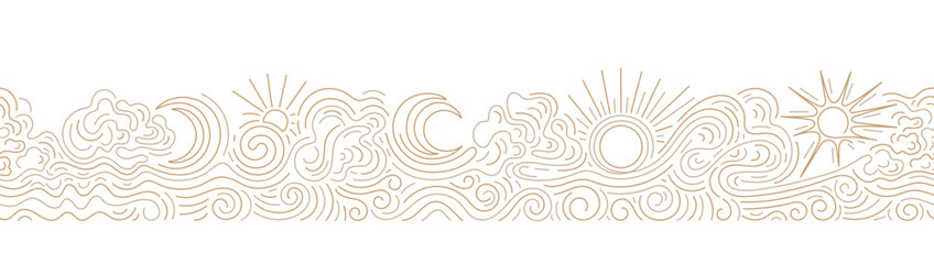 Golden sun and line of moon, ocean waves. Art seamless border