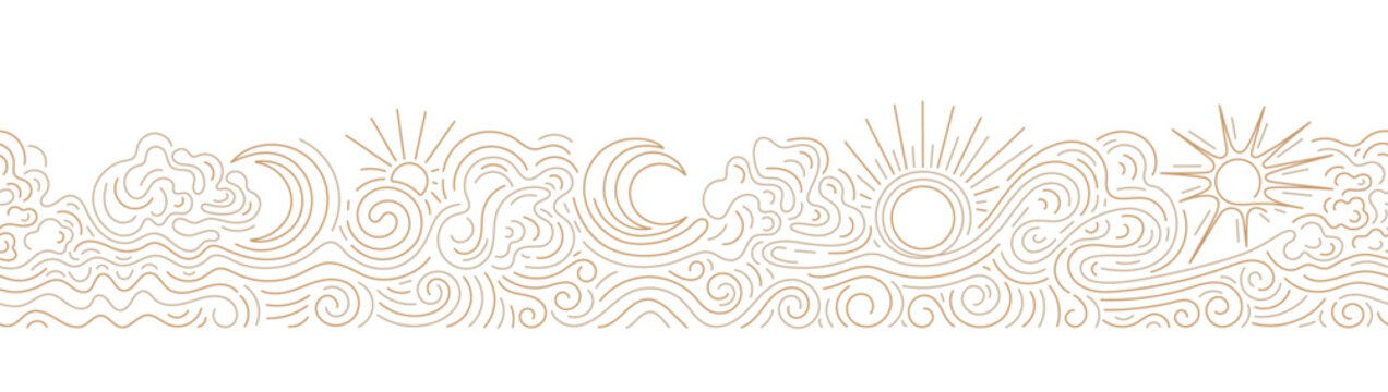 Golden sun and line of moon, ocean waves. Art seamless border