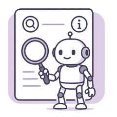 Robot Holding Magnifying Glass to Search Information on Web Page.
