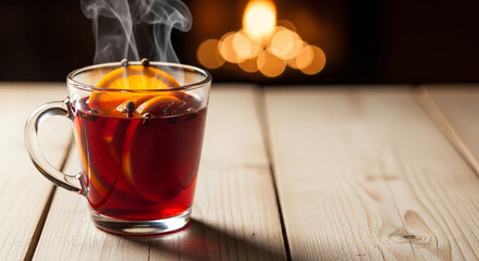 Hot tea with orange slices in glass cup on wooden table by fireplace  