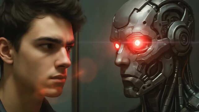 Confrontation between human and machine intelligence. Young man examining cyborg portrait with intense red light. Stable camera with zoom in and zoom out.