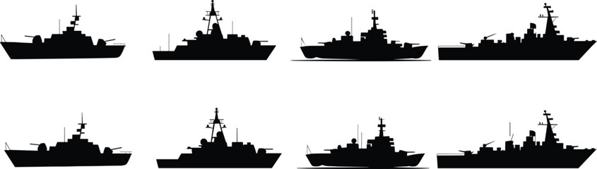 Naval warship silhouettes, military ship icons, black vector battleships, destroyers, frigates, radar mast profiles, maritime defense fleet, isolated combat vessel graphics © Mursalatun