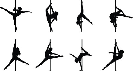 Pole dancing silhouettes, female acrobats, fitness art, athletic poses, vertical pole tricks, dance performance, strength training, flexibility, choreography, black figures, sport concept, isolated