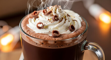 Close up of hot chocolate with whipped cream and chocolate curls in a clear glass mug steaming
