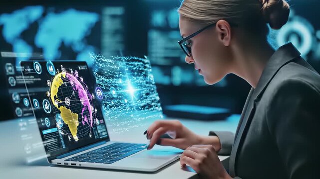 Professional woman sits comfortably in front of laptop surrounded by digital world map and social icons, capturing the concept of connectivity and access to information, conveying ease and.
