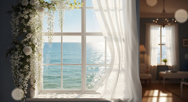 A Sunlit Seaside View Through a Casement Window: White Sheer Curtains, Ocean Breeze, and Cozy Interior Glow - Powered by Adobe