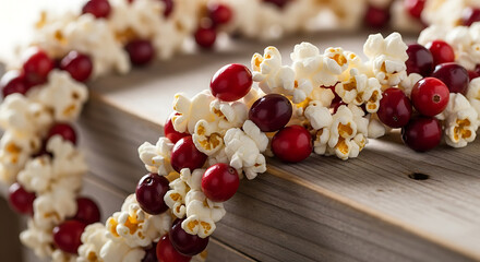 Close up of a christmas garland made of popcorn and cranberries on a wooden surface in soft lighting