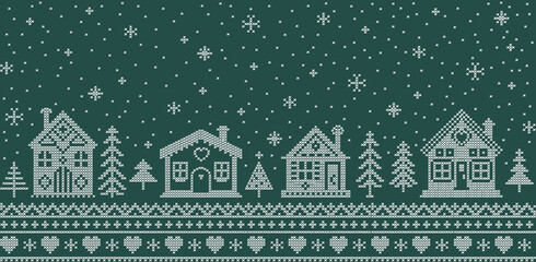 Cross Stitch Winter Home Pattern on Green Background