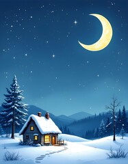 A peaceful snowy christmas landscape with a glowing cottage beneath a crescent moon forms a warm artistic winter illustration rich with charm