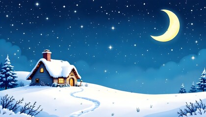 A hand drawn snowy christmas bungalow with a bright window sits below a friendly moon enhancing the calm winter illustration beautifully