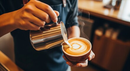 Barista Pouring Milk into Cappuccino for Latte Art. Represents coffee culture, skill, morning routine, and cafe lifestyle