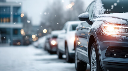 Naklejka premium Stationary vehicles blanketed in white precipitation faceless severe weather scene defocused urban background winter storm aftermath automotive snow coverage seasonal parking