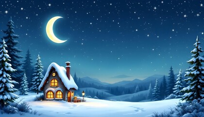 A charming snowy christmas house sits quietly under a large crescent moon offering a serene winter illustration with cosy festive magic