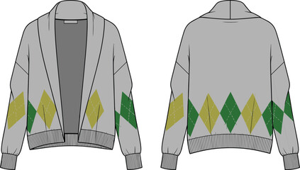 Grey oversized argyle cardigan technical drawing, fashion flat vector with shawl collar and ribbed trim, front and back view illustration.