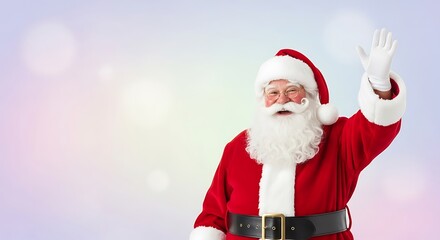 Happy Santa Claus in a traditional red suit waving his hand against a festive, colorful background.