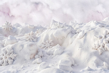 Atmospheric winter scene featuring a terrain of soft, white snowdrifts,  snowflakes, Christmas card, winter holiday marketing, elegant wallpaper, cosmetic product display