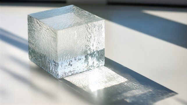 Clear Textured Glass Block Podium with Bright Caustic Light Refraction: Minimalist Scientific Background for Serum, Ice or Skincare Product Mockup - Powered by Adobe