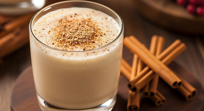 A glass of eggnog with nutmeg and cinnamon sticks on a wooden surface for a festive holiday drink