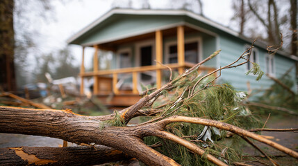 Dwelling structure damaged by collapsed tree limbs faceless storm destruction defocused aftermath background severe winter weather damage property destruction scene natural