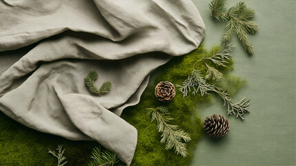 Winter Woodland Flatlay with Pinecones and Evergreen Branches