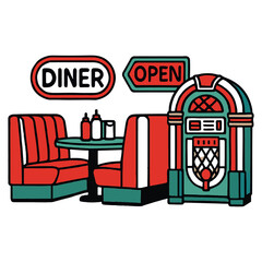 Retro Diner Booth and Jukebox Illustration color vector