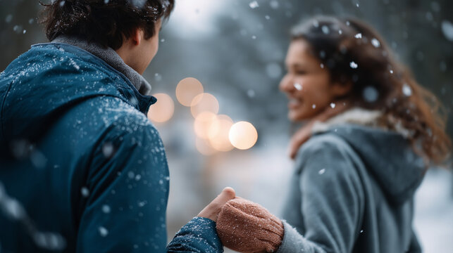 Two faceless individuals together amid falling snowflakes defocused blurred winter background couple in precipitation romantic cold weather scene shared seasonal moment