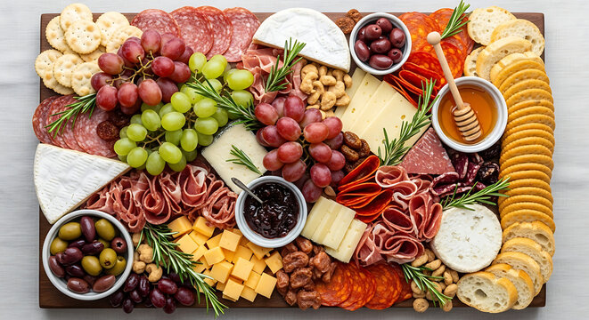 Overhead view of a charcuterie board with various meats cheeses fruits and crackers arranged nicely - Powered by Adobe