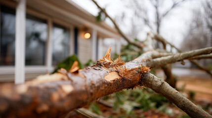 Fototapeta premium Dwelling structure damaged by collapsed tree limbs faceless storm destruction defocused aftermath background severe winter weather damage property destruction scene natural